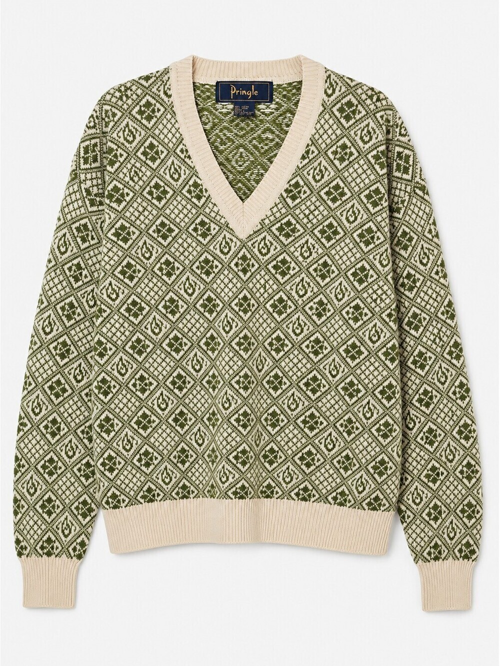 Vintage Pringle 100% Cotton Green Cream Geometric V-Neck Sweater Hong Kong